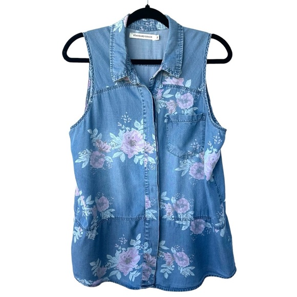 STANDARD GRACE Denim Look Western Floral Sleeveless Button Down Blouse Size M - Picture 1 of 6